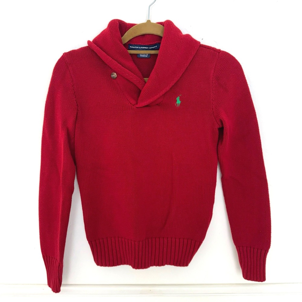 Ralph Lauren Sport Sweater Womens Small Red Shawl Collar Cotton Knit Pony Logo